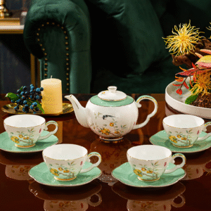 Persimmon Blessings” – Hand-Painted Gold-Leaf High-Bone China Coffee Set (1 Teapot, 4 Cups & Saucers) | Luxury Gift Box with Handle