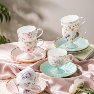 Zishi Premium Fine Bone China High-Foot Coffee Cup & Saucer Set – Elegant Art Deco Inspired D…