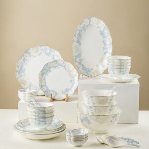 Luxury Blue Tone Bone China Dinnerware Set 36Pcs – 8-Person Service with Hand-Painted Elegance…